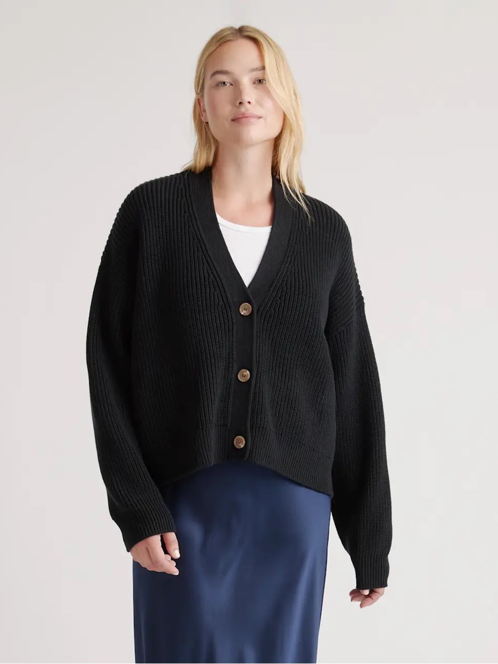 Quince Black 100% Organic Cotton Fisherman Boxy Cropped Cardigan Sweater M